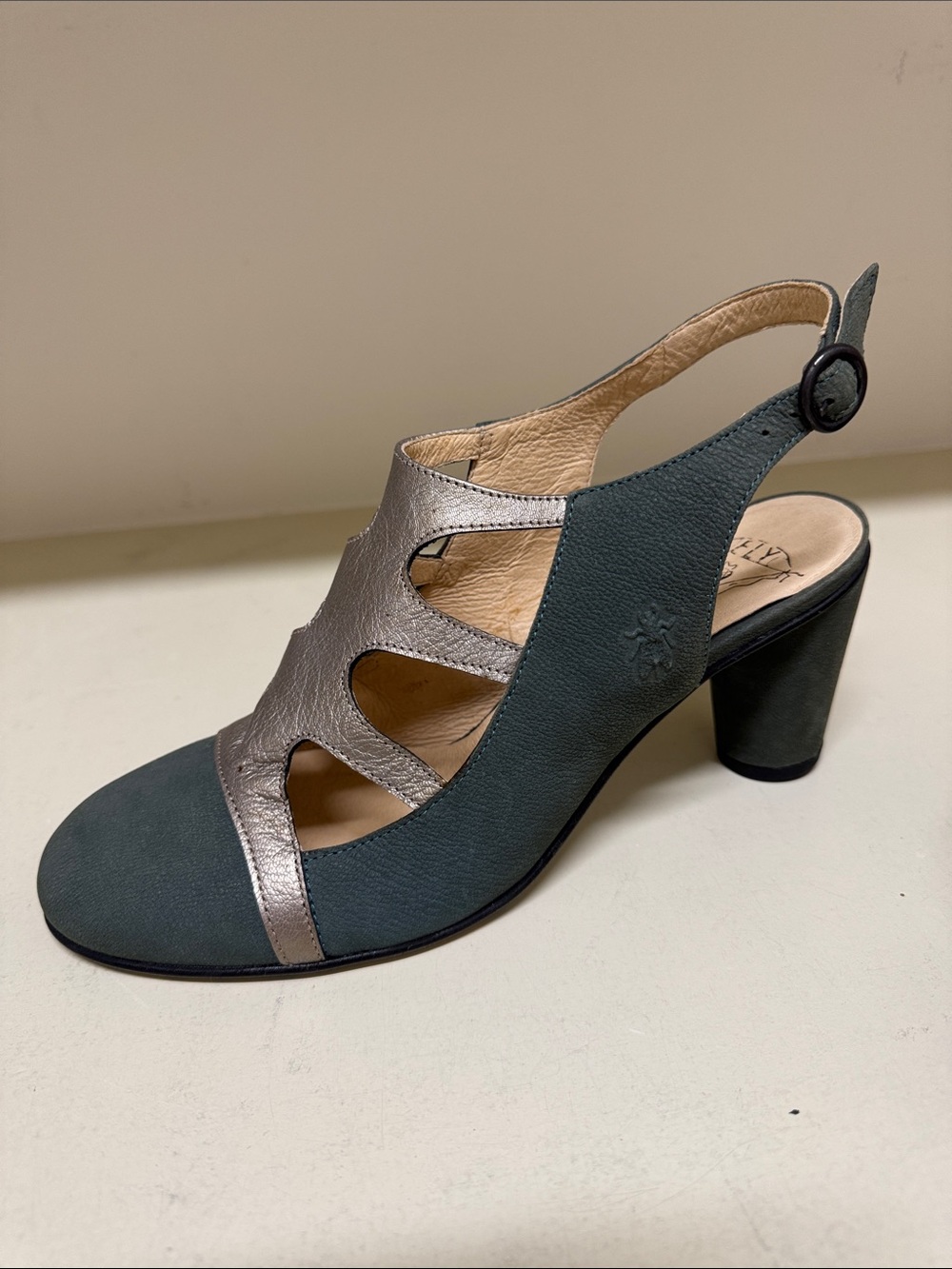 Fly London Green and Pewter Cutout Block Heel Pumps - Picture 7 of 8